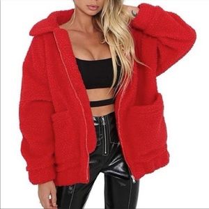 NWOT Lanshifei Oversized Red Teddy Coat